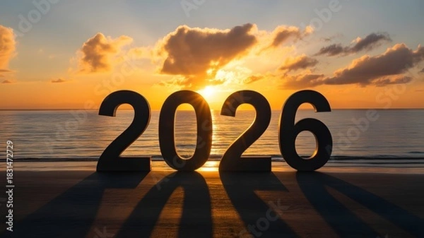 Fototapeta Looking forward to a bright 2026, the sun sets on a stunning ocean beach horizon with calm water
