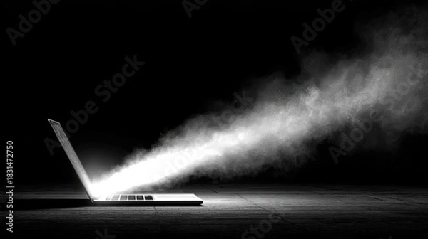 Fototapeta Rocket launching from laptop for startup success concept. A laptop emitting light and smoke in a dark environment.