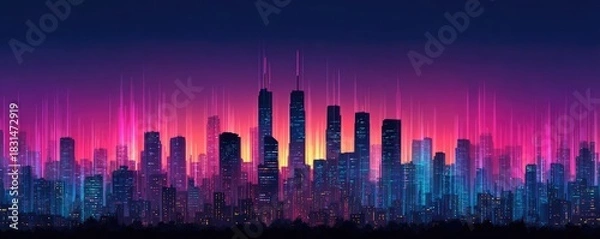 Fototapeta City skyline with market graph concept. A vibrant city skyline illuminated by colorful lights at dusk.