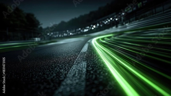Fototapeta Race begins with green light on blurred racetrack concept. Dynamic night scene of racing lights on an asphalt road.