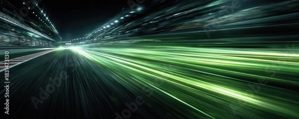 Fototapeta Race begins with green light on blurred racetrack concept. Dynamic view of headlights capturing speed and motion at night.
