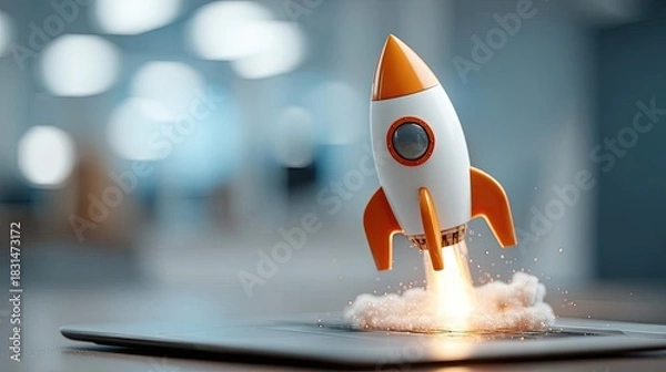 Fototapeta Rocket launching from laptop for startup success concept. A rocket model launches from a tablet, symbolizing innovation.
