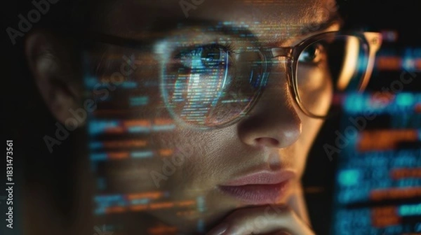 Fototapeta Software coding hologram and woman on tablet.