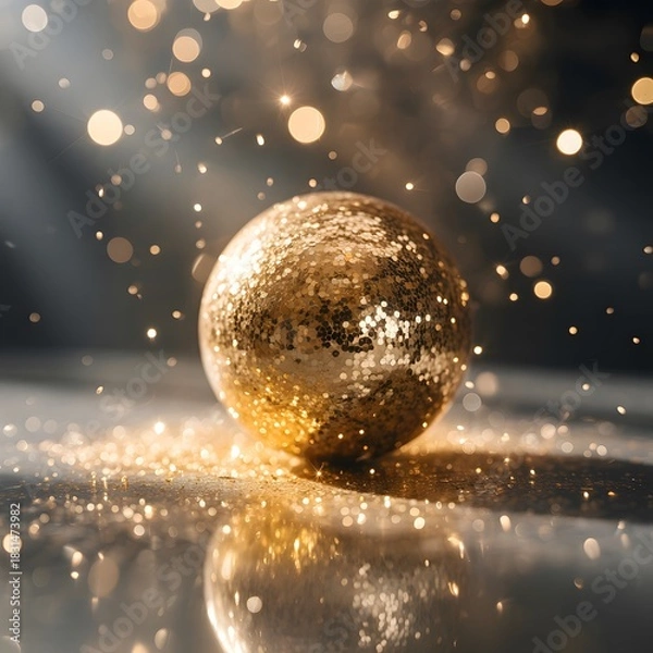 Fototapeta Glittery golden ball with reflection on surface and sparkling background