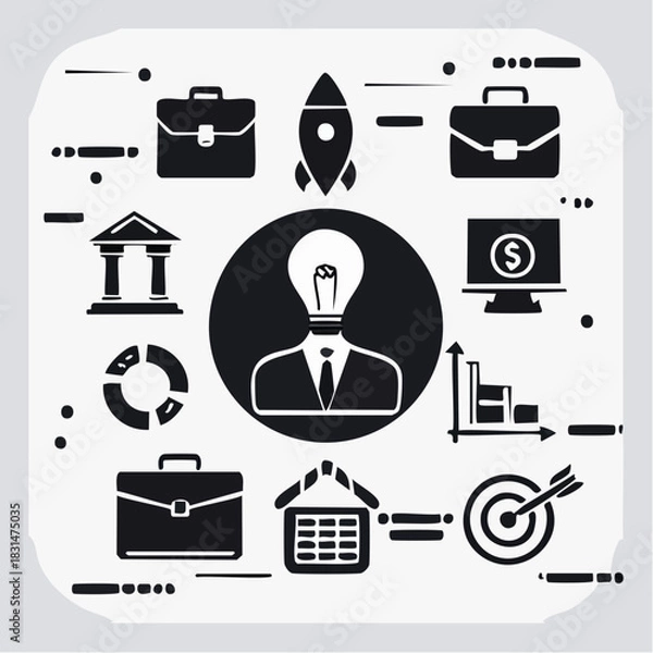 Fototapeta Comprehensive Business Management and Innovation Vector Icon Set for Strategic Development and Financial Progress
