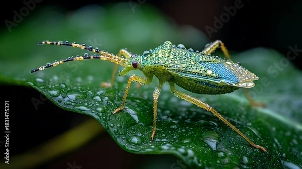 Fototapeta Red insect beetle closeup on a green leaf in summer nature wildlife garden macro