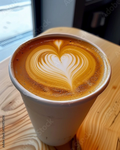 Fototapeta Cappuccino with heart-shaped latte art in a paper cup on a wooden table