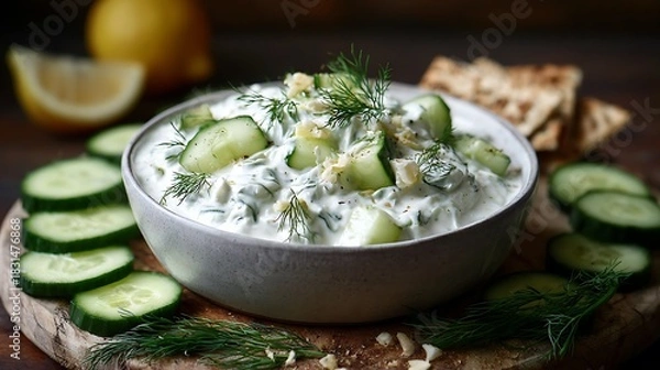 Fototapeta Delicious fresh green salad with avocado, zucchini, chicken, and other healthy vegetables in a white bowl, perfect for a nutritious lunch or dinner meal