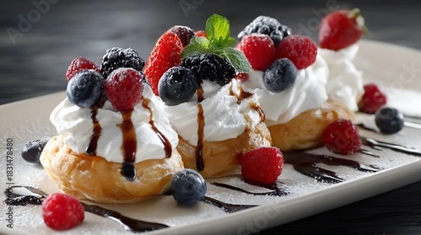 Fototapeta Delicious sweet vanilla and chocolate ice cream dessert served in a bowl