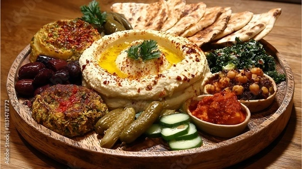 Fototapeta Gourmet dinner plates featuring fresh roast beef and pork with roasted vegetables