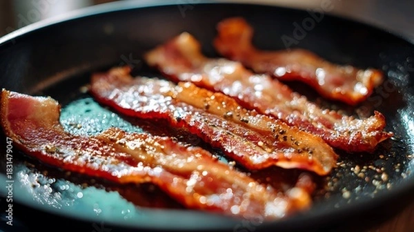 Fototapeta Deliciously pan-fried fish, chicken, and beef meat dishes cooking in a frying pan for a healthy lunch or gourmet dinner