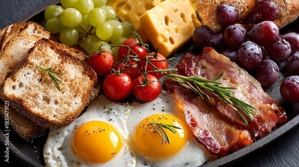 Fototapeta Traditional  cuisine plate featuring a delicious lunch of sushi rolls, fried chicken, rice, and egg dishes