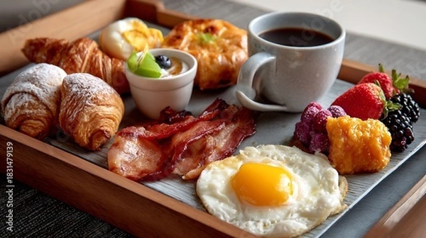 Fototapeta Traditional  cuisine plate featuring a delicious lunch of sushi rolls, fried chicken, rice, and egg dishes