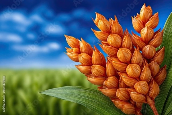 Fototapeta A field of green grass with a bunch of orange flowers