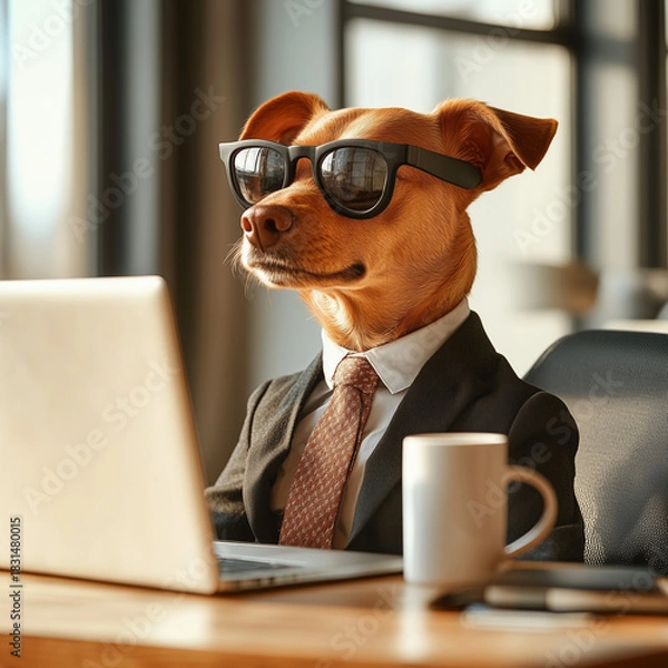 Fototapeta A dog in a business suit and sunglasses working on a laptop in an office