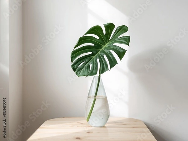 Obraz Vibrant Monstera Leaf in Glass Vase on Wood Table, Sunlight  Shadows on White Wall.