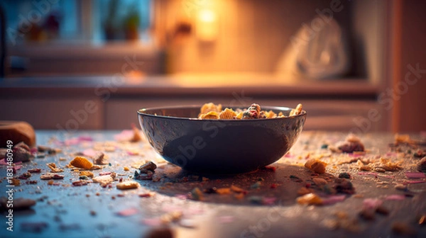 Fototapeta A bowl of cereal on a countertop with scattered crumbs and colorful sprinkles in a kitchen scene