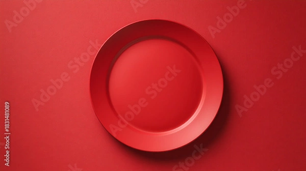 Fototapeta A monochromatic red image featuring a round plate centered on a matching red background surface