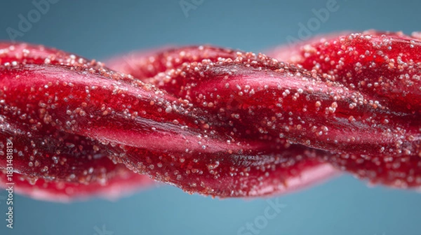 Fototapeta A close up of a red twisted candy covered with sugar granules against a blue background