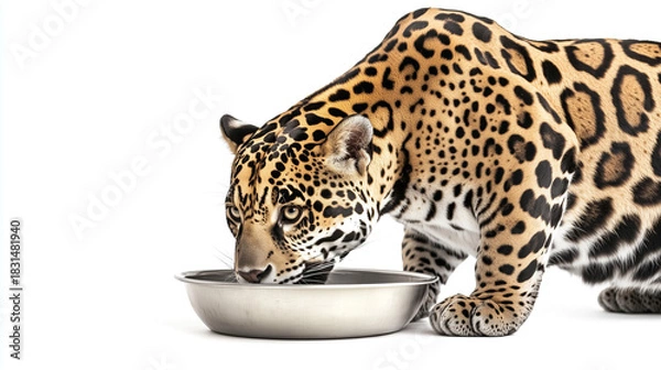 Fototapeta A jaguar drinking water from a metal bowl on a white background