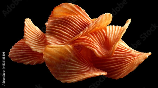 Fototapeta A close up of a stack of wavy orange potato chips against a solid black background in studio light