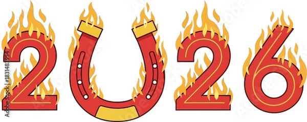 Fototapeta 2026 New Year design featuring a fiery lucky red horseshoe, symbolizing prosperity and a fresh start.