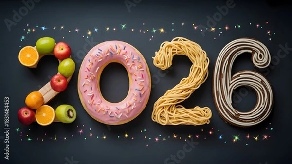Fototapeta Happy new year 2026 made out of donut spaghetti and fruit on dark background