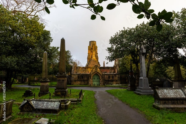 Fototapeta Old monuments and chapel at Flaybrick Cemetery, Birkenhead