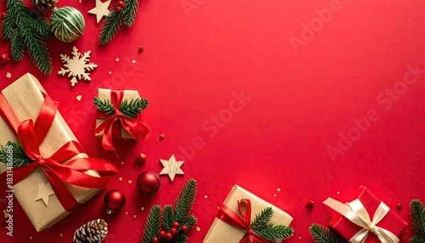 Fototapeta Festive Christmas flat lay with gifts ornaments and pine branches on red background.
