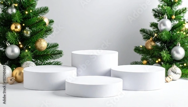 Fototapeta Minimalist Christmas scene featuring empty white podiums for product display surrounded by decorated trees with baubles and lights.