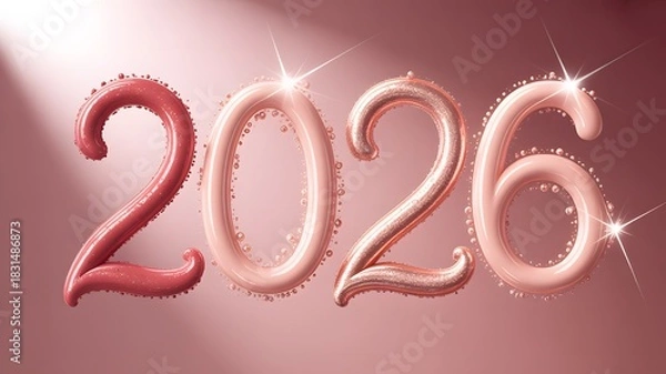 Fototapeta Shiny balloon number 2026 for happy new year in pink studio background