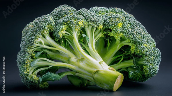 Fototapeta A single head of broccoli with florets and thick stem on a dark background studio shot