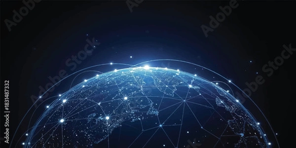 Fototapeta Global Network Connectivity: Digital Earth with Interconnected Data Points and Technology Web on a Dark Background