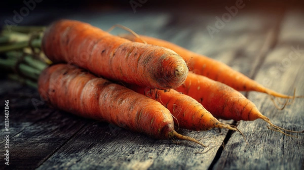 Fototapeta A close up shot of a bunch of fresh carrots with green tops laying on a rustic wooden surface