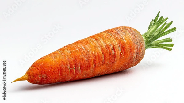 Fototapeta A single orange carrot with green leafy top lying on a white surface in a studio setting