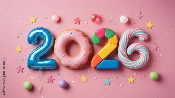 Fototapeta Colorful happy new year 2026 made of toy donut candy on pink background