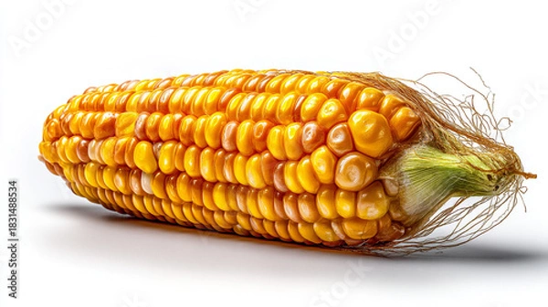 Fototapeta A close up studio shot of a single ear of corn with silk on a white background, isolated object
