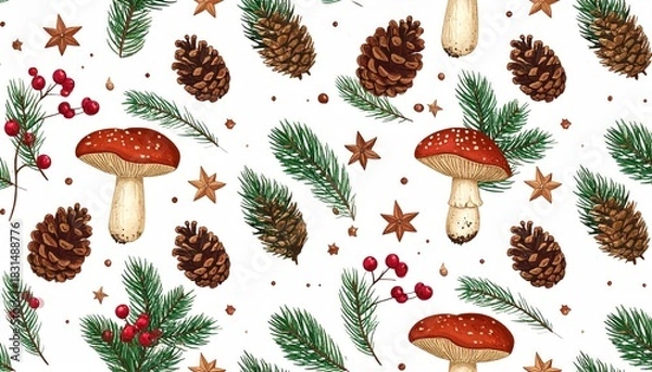 Fototapeta Watercolor Forest Elements Pattern with Pine Cones Mushrooms Berries and Stars.