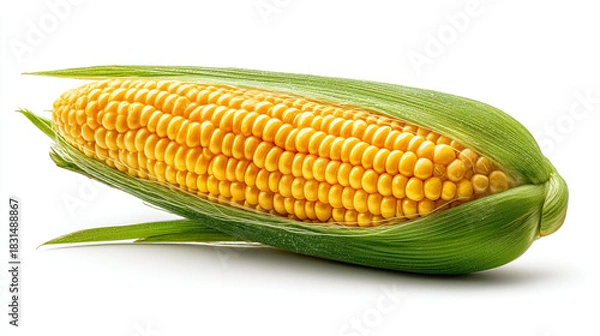 Fototapeta A single ear of corn with green husk partially peeled back, isolated on a white background