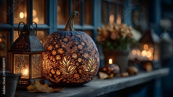 Fototapeta Enchanted squash with glowing carvings and chilling ambiance on white
