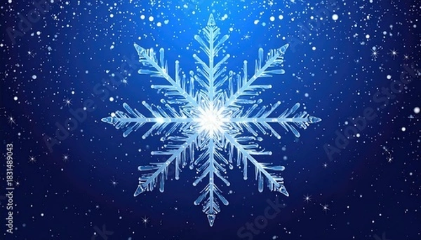 Fototapeta Detailed intricate snowflake glowing on a dark blue winter background with falling snow.