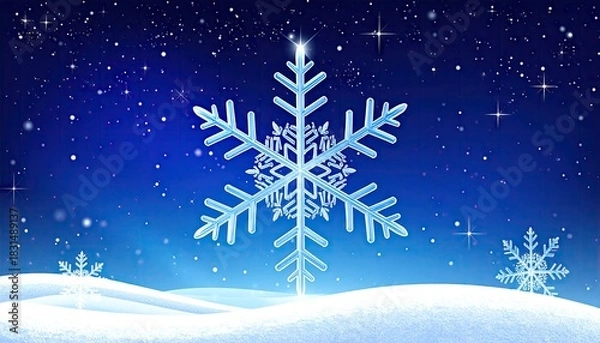 Fototapeta Enchanting large snowflake glowing against a deep blue starry winter night sky.
