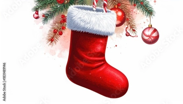 Fototapeta Festive red Christmas stocking with fur trim hanging from pine branch decorated with ornaments and berries.