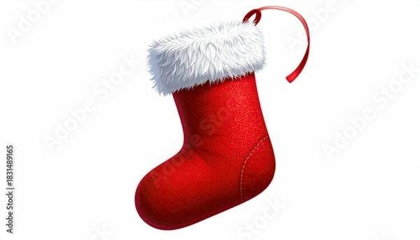 Fototapeta A festive red Christmas stocking with white fluffy trim and a red ribbon loop.