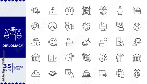 Fototapeta Diplomacy linear icon set. Political dialogue, law, politics, peace, alliance, foreign policy, government, summit, international relations, diplomatic, debate, vector icon set. UI thin line icon pack