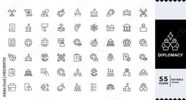 Fototapeta Diplomacy linear icon set. Political dialogue, law, politics, peace, alliance, foreign policy, government, summit, international relations, diplomatic, debate, vector icon set. UI thin line icon pack