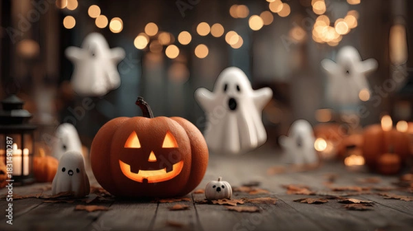 Fototapeta Evil grin jack lantern with orange text and ghost symbols on white Halloween invitation