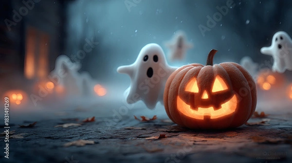 Fototapeta Evil jack lantern face with skittish ghost icons on Halloween background