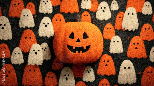 Obraz Evil jack lantern face with skittish ghost icons on Halloween background