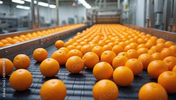 Obraz Fresh oranges moving on a conveyor belt in a food processing plant